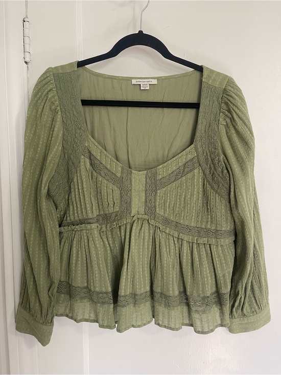 American Eagle Outfitters Tops - American Eagle Outfitters Sage Green Lace-Trim Peplum Blouse